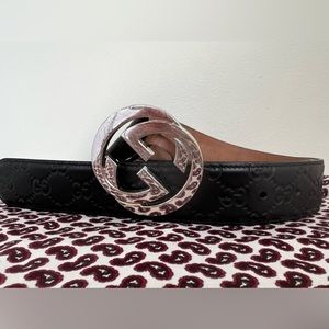 AUTHENTIC GUCCI Black Guccissima Leather Interlocking G Buckle Belt 90CM